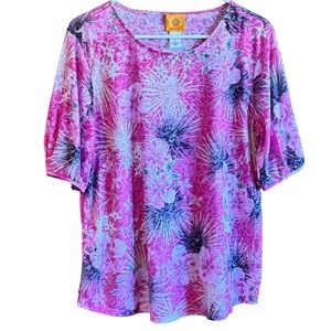 Ruby Road Large Pink White Tropical Floral Print Blouse Top